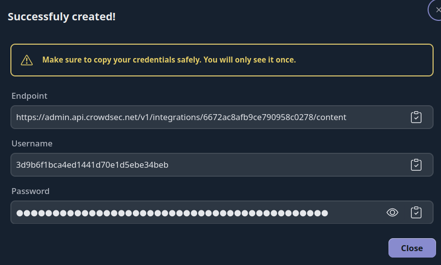 Raw IP ListIntegration Credentials Screen